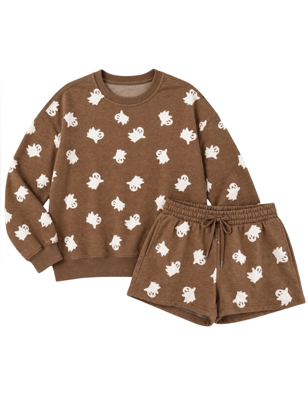 Ghost Print Embroidered Sweatshirt & Shorts Set Brown Tan White NWT